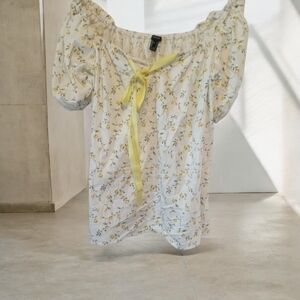 Forever 21 White Floral Blouse with Yellow Ribbon